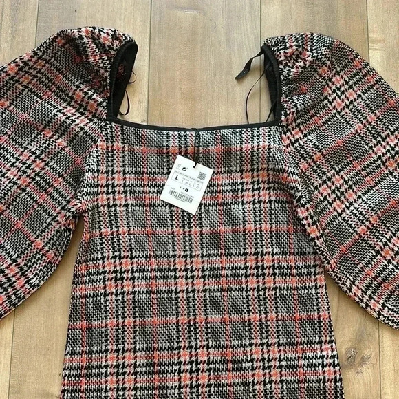 NWT Zara Bodycon Houndstooth Plaid Knit Dress Boat Halter Neck Black/Orange Sz L - Picture 11 of 16
